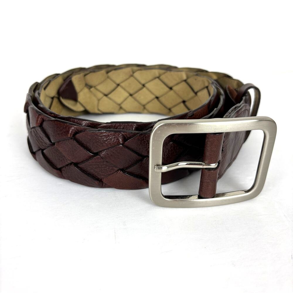 Talbots Vintage Brown Leather Woven Belt Large Brass Buckle